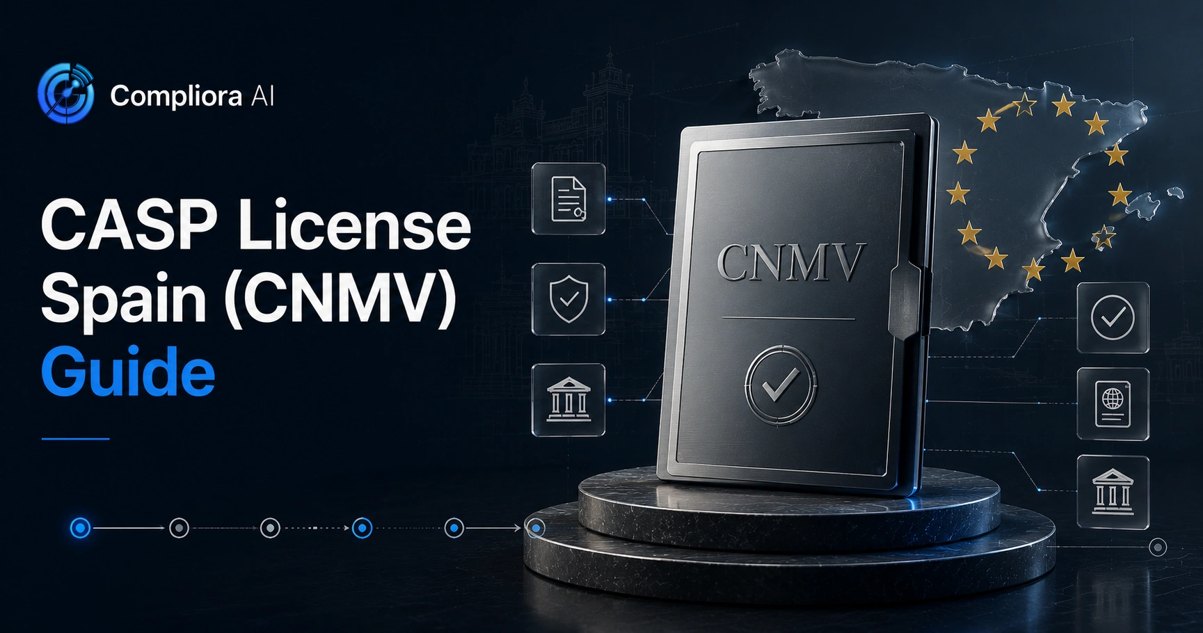 Abstract EU regulatory compliance architecture on navy background representing MiCA CASP licensing in Spain