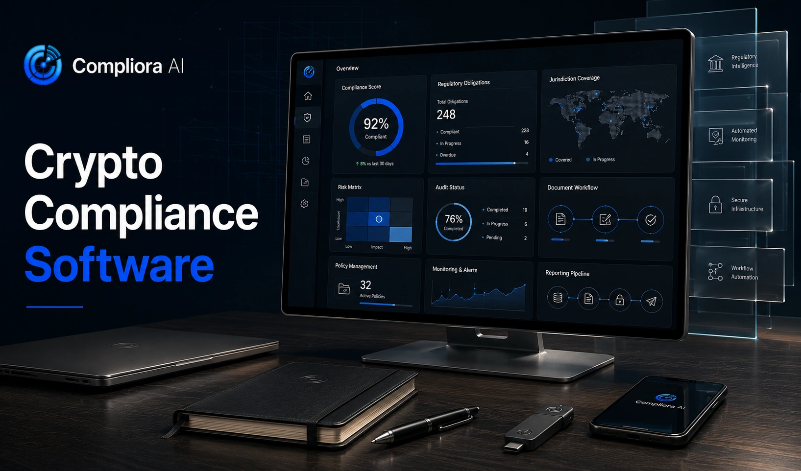 Crypto compliance software assessing a project against MiCA, MiFID II, PSD2 and AIFMD and returning a cited regulatory report