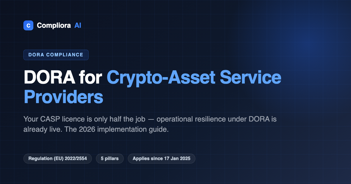 Compliora AI guide to DORA compliance for crypto-asset service providers, showing the five pillars and key dates on a dark navy background