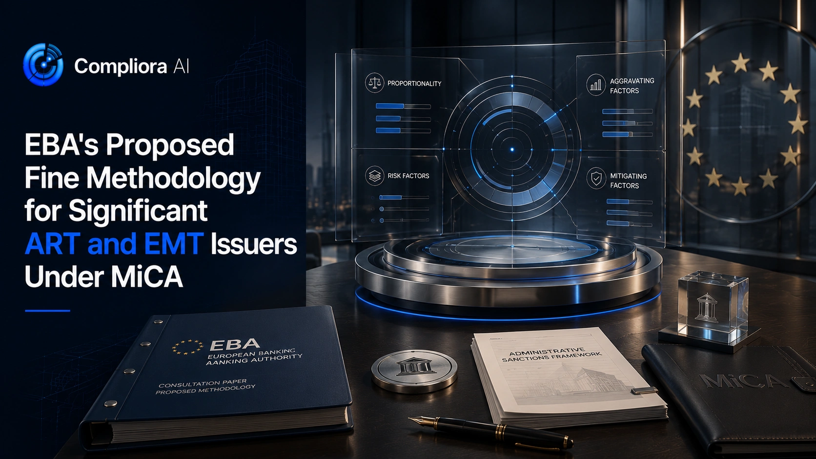 Abstract enforcement shield illustration representing EBA fine methodology for significant token issuers under MiCA on a dark navy background