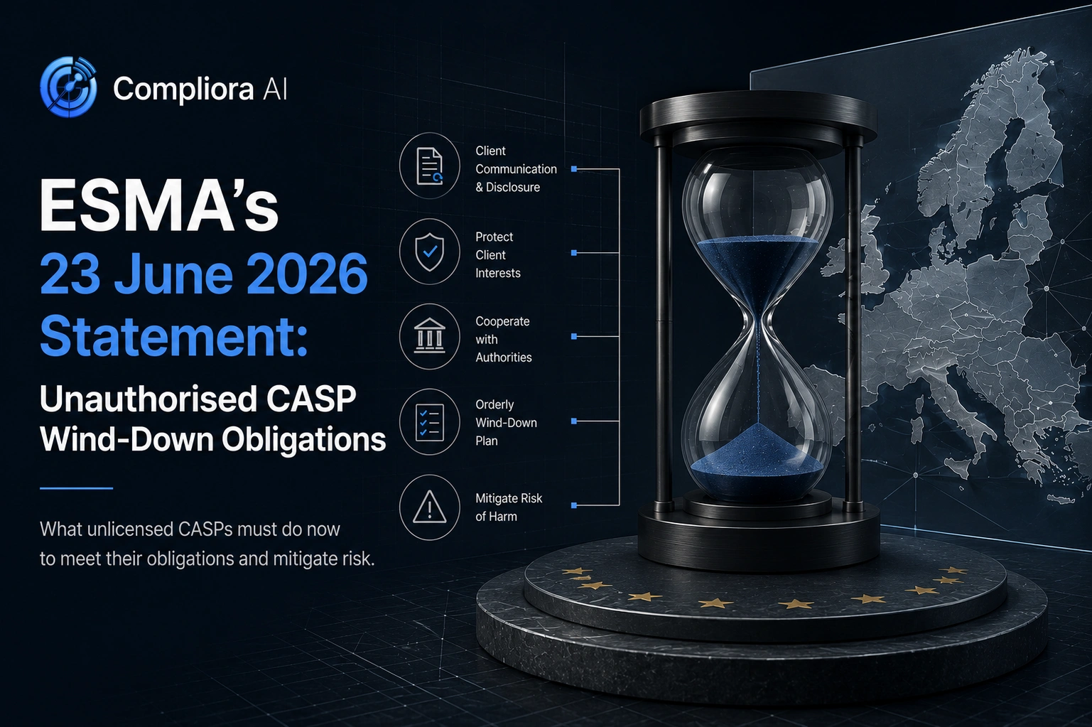 Abstract illustration of a countdown to the MiCA transitional period deadline of 1 July 2026, with branching compliance pathways representing CASP wind-down obligations