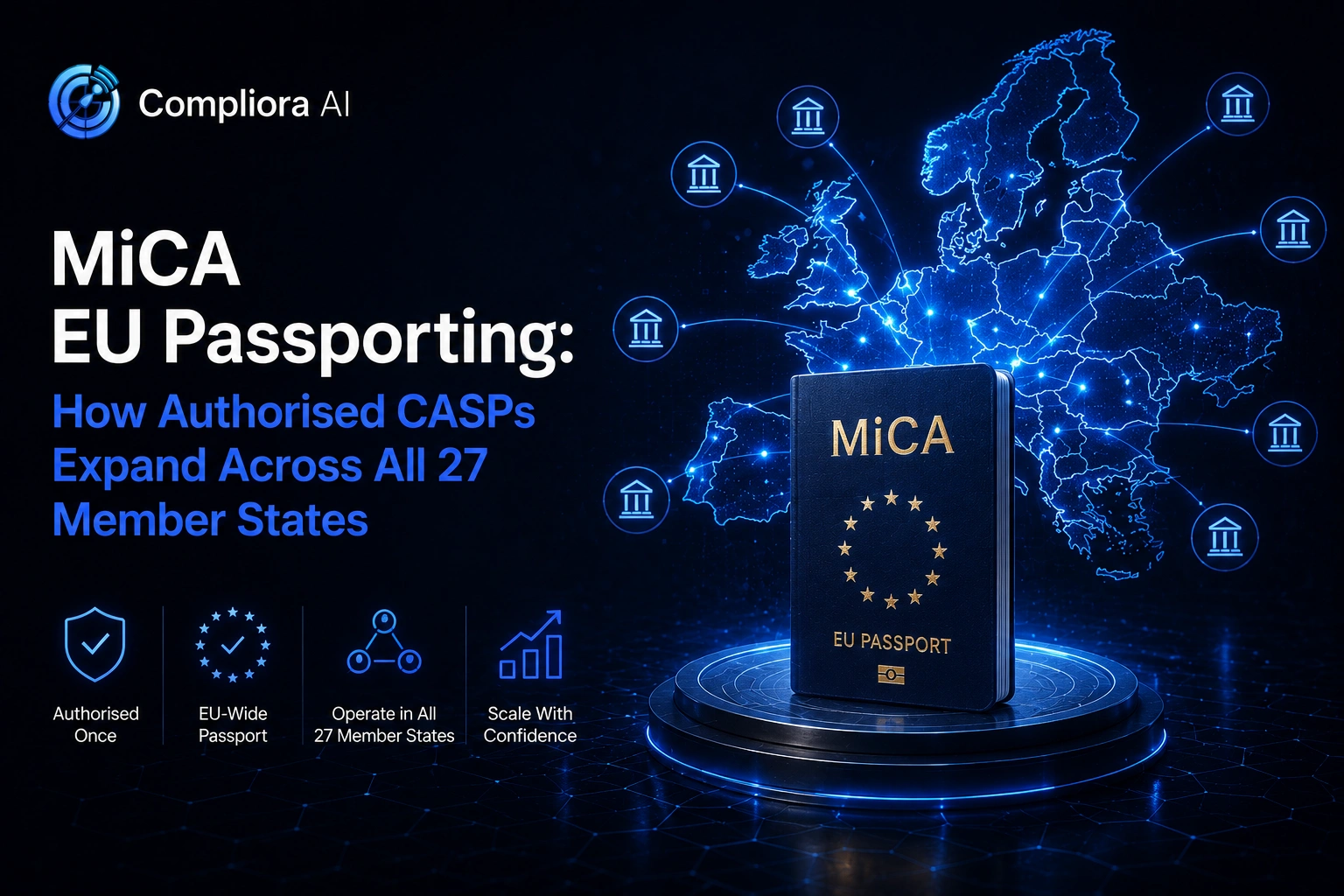 Diagram showing a MiCA-authorised CASP in one EU Member State sending a single Article 65 passport notification that unlocks cross-border services in all 27 Member States