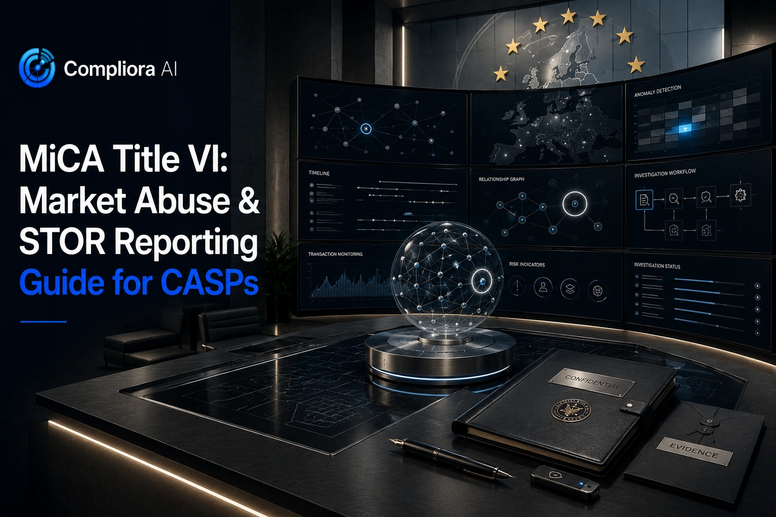 Abstract visualization of blockchain surveillance systems and transaction monitoring for MiCA market abuse compliance